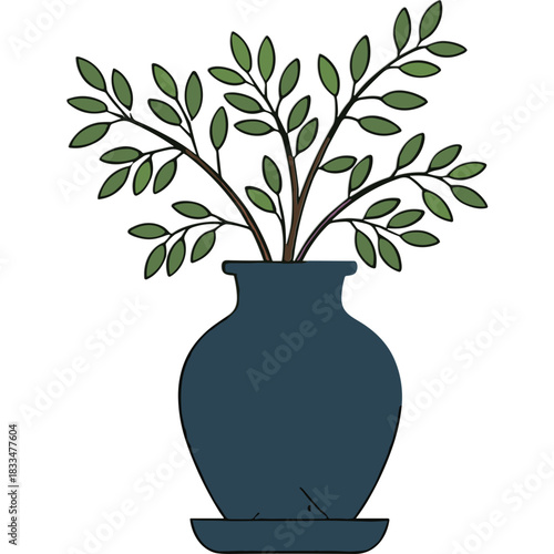 Dark Blue Ceramic Vase Holding Green Leafy Branches Indoors Minimalist Home Decor