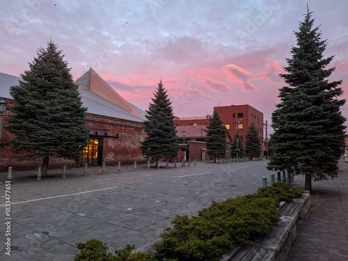 Sunset at Kanemori Red Brick Warehouse Plaza, Hakodate, Hokkaido, Japan