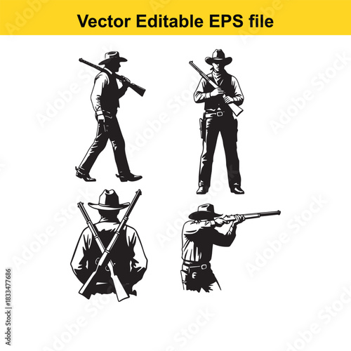 collection of four black and white vector illustrations depicting cowboys or gunslingers in various poses, holding rifles, isolated on white background