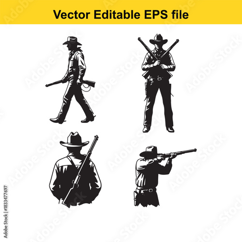 collection of four black and white vector silhouettes depicting cowboys or gunslingers in various action poses, holding rifles, isolated on white background