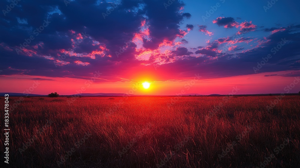 Obraz premium A breathtaking sunset illuminates a field of vibrant red grass beneath a deep blue sky, adorned with stunning pink and purple clouds. A serene and captivating landscape image.