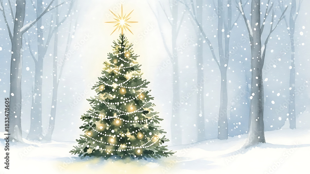 Obraz premium Christmas Tree Glowing in Snowy Forest - Holiday Season Celebration