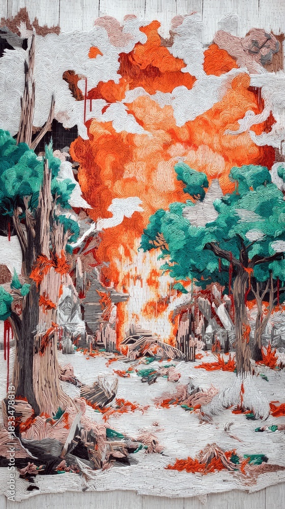 Fototapeta premium An embroidered artwork depicting a forest scene with trees, fire, and an abstract, dramatic mood.