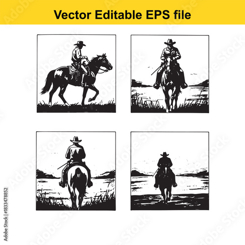 collection of four black and white vector illustrations depicting cowboys riding horses in various outdoor settings, suitable for western themes