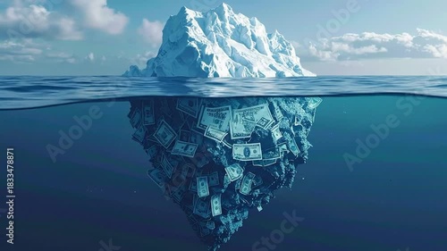Conceptual illustration of a money iceberg, revealing vast hidden financial challenges, unseen wealth, and economic complexities beneath the calm surface, representing true costs and risks