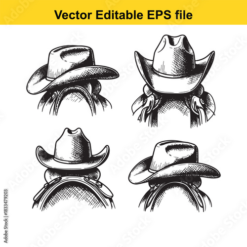 collection of four detailed black and white vector illustrations showing the back view of different cowboy hats, perfect for western theme designs, isolated on white background