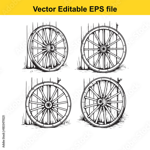collection of four detailed black and white vector illustrations of antique wooden wagon wheels leaning against a rustic wooden fence or wall, perfect for historical or western themes