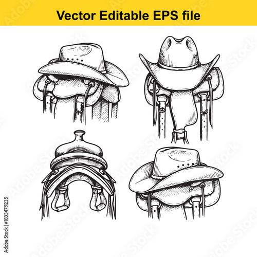 collection of four handdrawn western cowboy hats resting on saddles, presented as a vector editable eps file illustration