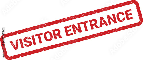 Grungy rectangular rubber stamp icon displaying VISITOR ENTRANCE text, indicating an authorized entry point with a worn effect for directional signage