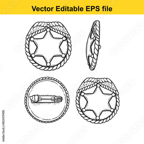 set of four sheriff star badge icons in vintage engraved style showing front view, side view, back view with pin, and another front view, vector editable eps file