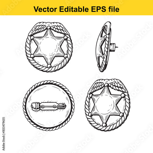 vector editable eps file showing four views of a sheriff star badge, including front, side, and back pin attachment views, presented as a detailed black and white sketch