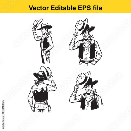  collection of four black and white vector illustrations depicting cowboys tipping their hats in various poses, perfect for western theme design elements