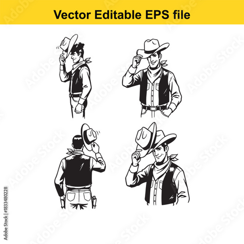 set of four black and white vector illustrations depicting cowboys tipping their hats in various poses, perfect for western theme designs and historical representations