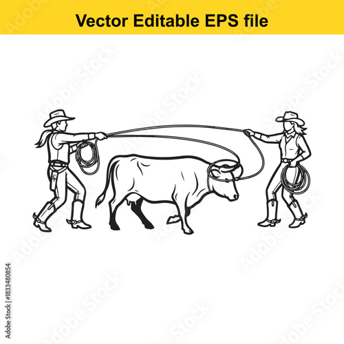  line art vector illustration depicting two cowboys or cowgirls roping a bull or steer in a classic western ranching scene, editable eps file