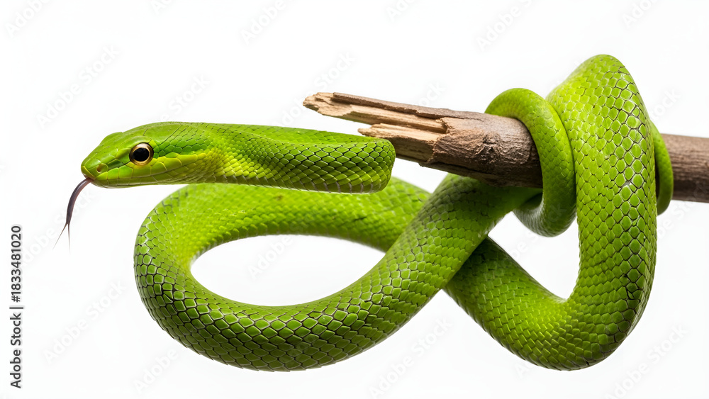 Obraz premium A green vine snake coiled around a wooden branch on a white background, showing sharp scale details and vivid color.
