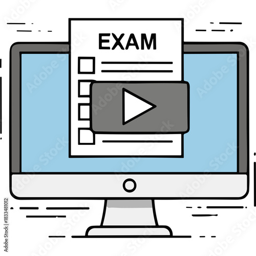 Digital Examination On Computer Screen With Video Player Interface Showing Exam Paper With Checkboxes And Play Button Symbol In Light Blue Background Educational Technology Concept