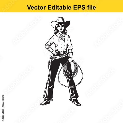  black and white vector illustration of a confident female cowgirl wearing a cowboy hat, neckerchief, gun belt with holster, and holding a coiled lasso rope, ready for action