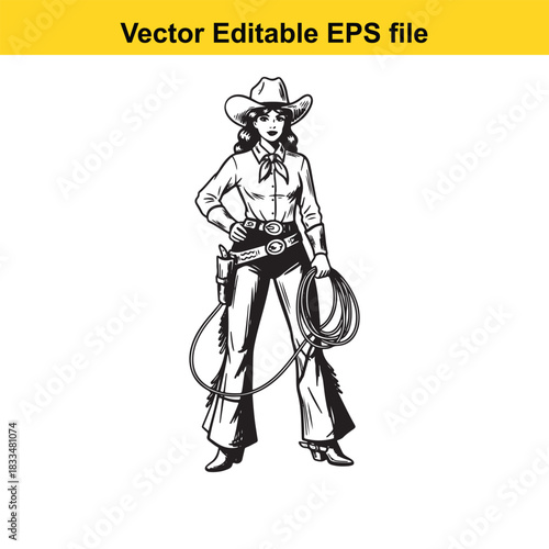  black and white vector illustration of a confident female cowgirl wearing a cowboy hat, neckerchief, belt with holster, and holding a lasso rope, isolated on white background