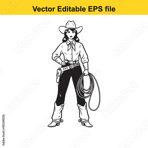  vector illustration of a confident female cowgirl wearing a cowboy hat, western shirt, and holding a coiled lasso rope, isolated on white background