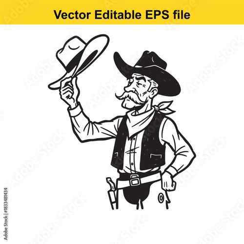  black and white vector illustration of a classic cowboy character tipping his hat with a mustache and holding a revolver, isolated on white background