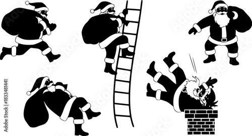 Flat design black silhouette santa claus set with running poses climbing rope and falling into brick chimneys playful christmas vector art for festive decoration projects
