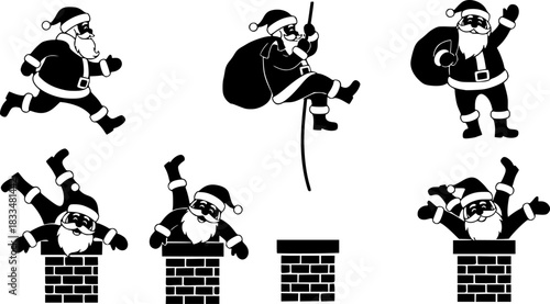 Flat design black silhouette santa claus set with running poses climbing rope and falling into brick chimneys playful christmas vector art for festive decoration projects
