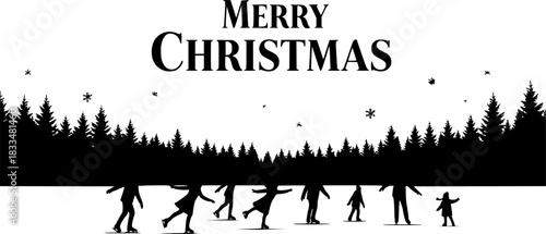 Merry christmas greeting with silhouette of people ice skating on a frozen lake surrounded by winter forest trees

