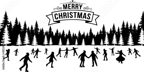 Merry christmas greeting with silhouette of people ice skating on a frozen lake surrounded by winter forest trees
