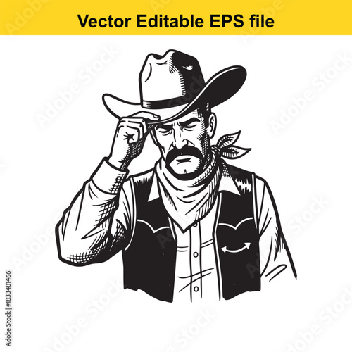  black and white vector illustration of a rugged cowboy tipping his hat, featuring a mustache, bandana, and vest, isolated on white background
