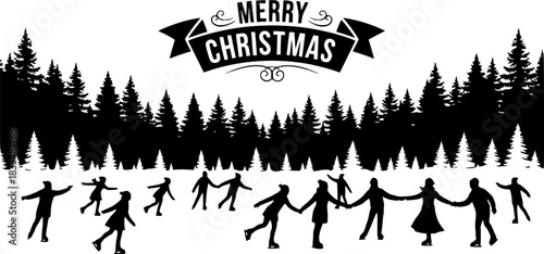 Merry christmas greeting with silhouette of people ice skating on a frozen lake surrounded by winter forest trees
