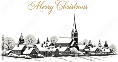 Black silhouette merry christmas scene with santa sleigh reindeer lantern trees and houses
