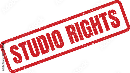 Official looking red distressed rubber stamp displaying Studio Rights to designate intellectual property ownership and usage permissions for creative works