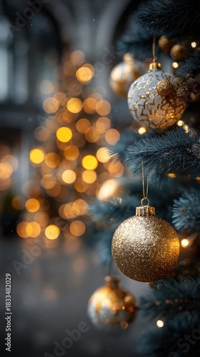Elegant Golden Christmas Ornaments on a Festive Tree