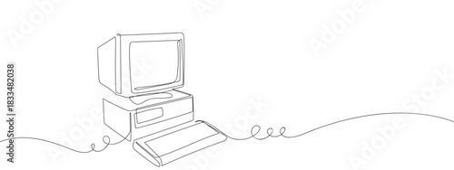 Retro computer in one continuous line single line art style vector illustration. Editable stroke.