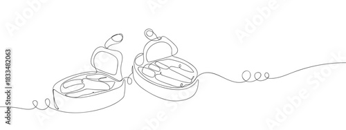Two cans of canned food in one continuous line single line art style vector illustration. Editable stroke.