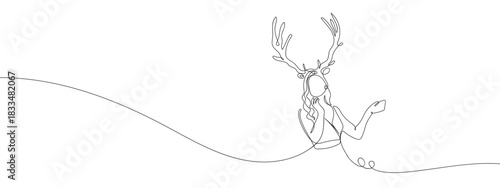 A woman wearing a deer costume in one continuous line. single line art style vector illustration. Editable stroke.