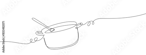 Cooking pot and spoon in one continuous line single line art style vector illustration. Editable stroke.