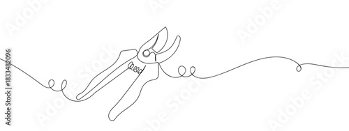 Pruning shears in one continuous line single line art style vector illustration. Editable stroke.