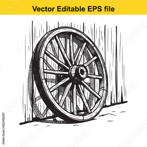  vintage wooden wagon wheel leaning against a rustic wooden fence or wall in a detailed black and white handdrawn vector illustration style