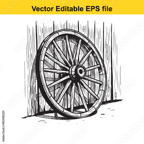  detailed black and white vector illustration of an antique wooden wagon wheel leaning against a vertical wooden plank wall, perfect for rustic or western themes