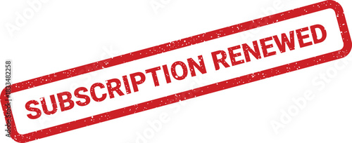 Rectangular rubber stamp impression with a distressed grunge texture, clearly indicating a SUBSCRIPTION RENEWED status for digital services