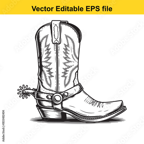  detailed black and white vector illustration of a classic cowboy boot featuring intricate stitching detail on the shaft and a prominent spur attached to the heel, isolated on white background