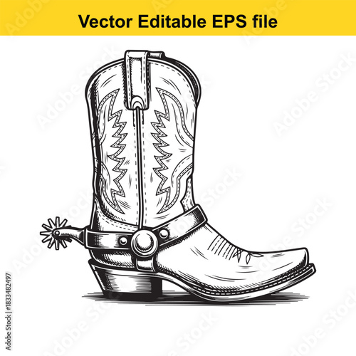  detailed black and white vector illustration of a classic western cowboy boot featuring intricate stitching detail and a prominent spur attached to the heel strap, isolated on white background