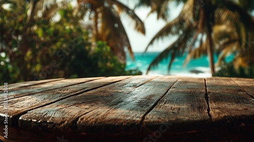 Wooden Table in Tropical Beach Setting with Palm Trees and Ocean View