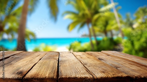 Wooden Table Surface with Tropical Beach Background in Bright Sunlight