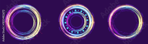 Holographic portal effect with vivid rings and vibrant tech hues in a futuristic landscape