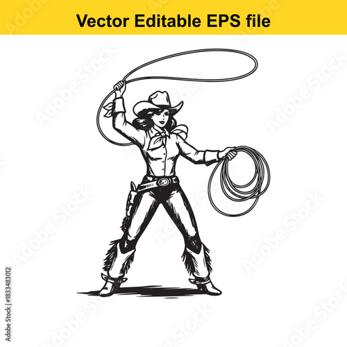  black and white vector illustration of a confident cowgirl wearing a cowboy hat and holding a lasso, ready to rope, isolated on white background