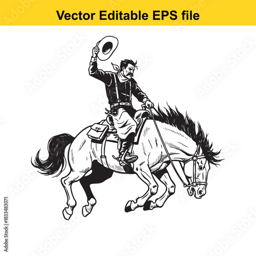  vintage style vector illustration of a rugged cowboy in traditional western attire, enthusiastically waving his hat while riding a galloping horse, isolated on white background