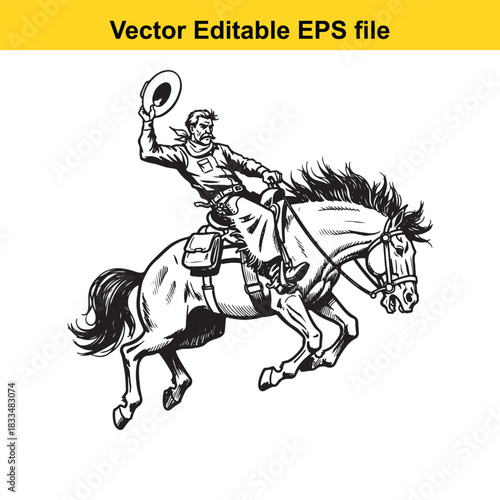  black and white vector illustration of a rugged cowboy with a mustache riding a bucking bronco horse while tipping his hat, isolated on white background