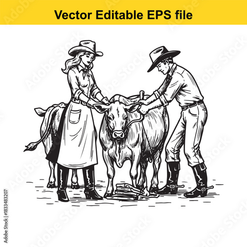  black and white vector illustration of a man and a woman dressed in cowboy attire examining a calf or young bovine animal on a farm or ranch, suitable for agricultural themes